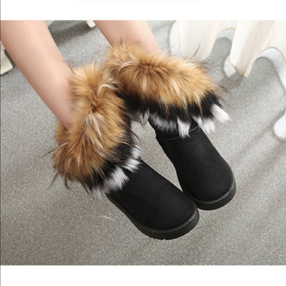 Black faux suede faux furry trim fuzzy boots - Picture 6 of 11